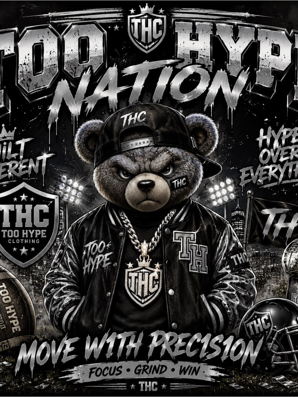 TOO HYPE THC Bear Graphic Tee Design - Black & Silver